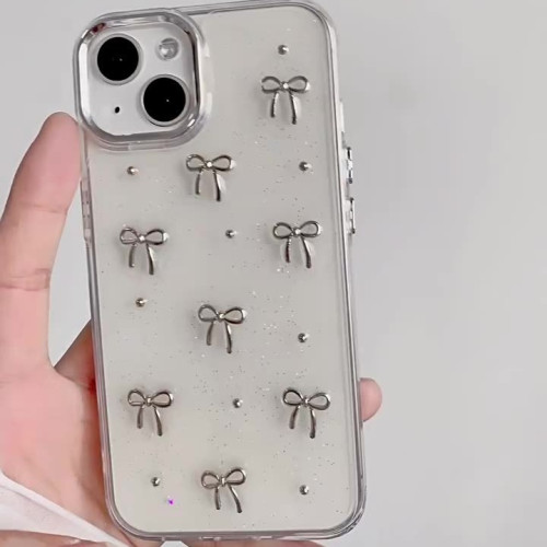 滴膠閃粉珍珠蝴蝶結iphone15手機殼適用蘋果16promax保護套銀框
