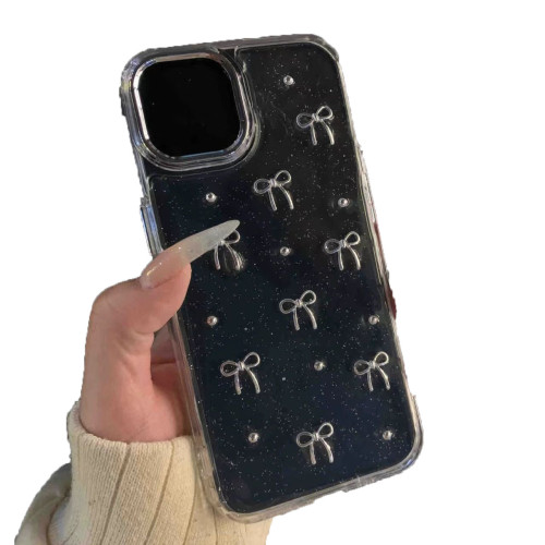 滴膠閃粉珍珠蝴蝶結iphone15手機殼適用蘋果16promax保護套銀框