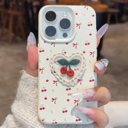ins韓風刺綉櫻桃適用iPhone17promax蘋果14手機殼13皮紋12女16