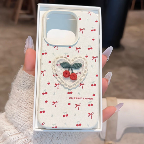 ins韓風刺綉櫻桃適用iPhone17promax蘋果14手機殼13皮紋12女16