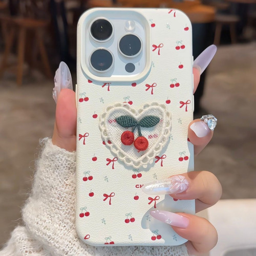 ins韓風刺綉櫻桃適用iPhone17promax蘋果14手機殼13皮紋12女16