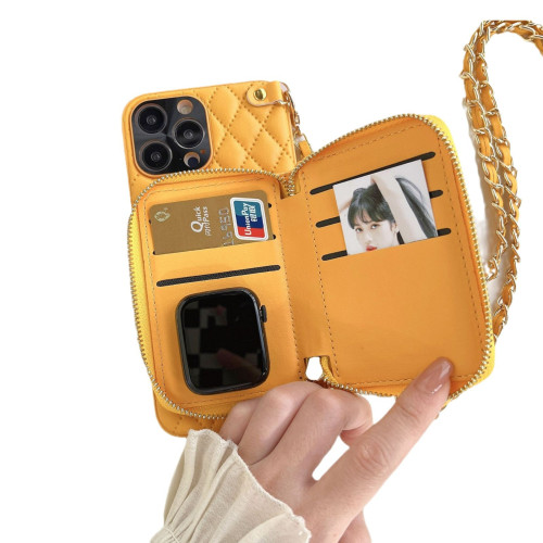 小香風拉鍊卡包適用iPhone16ProMax手機殼華爲蘋果14斜掛鏈保護套
