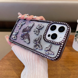 蝴蝶飛鑲鑽+漸變閃粉紙適用iphone16promax手機殼14新款蘋果15/13