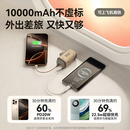 新款可攜式PD快充22.5W牆充AC插頭10000安培充電寶帶數據線行動電源