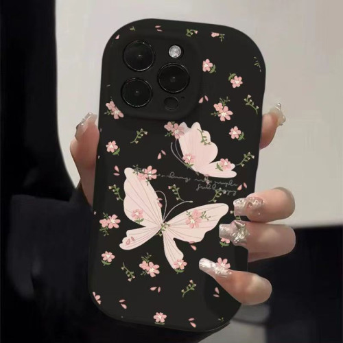 粉蝴蝶碎花適用蘋果16pro手機殼歐美15promax創意14plus防摔13pro