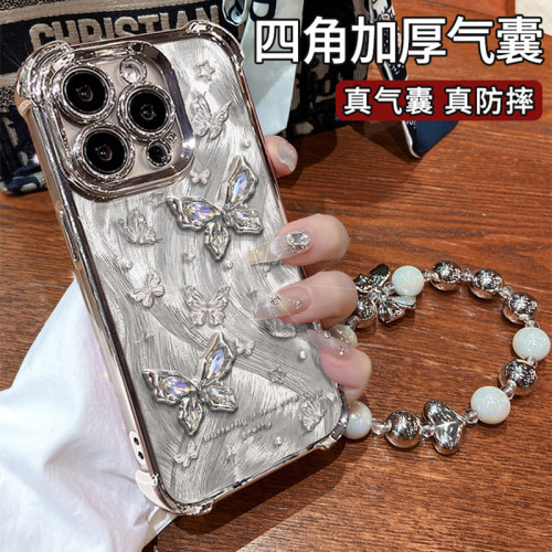 適用蘋果16手機殼立體閃鑽蝴蝶iPhone15小衆高級感13四角防摔電鍍