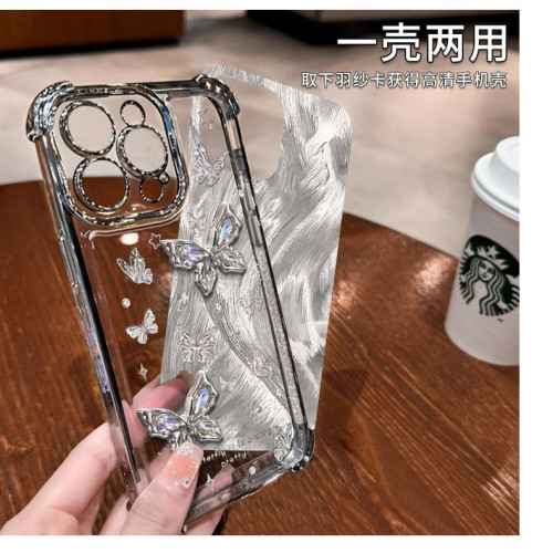 適用蘋果16手機殼立體閃鑽蝴蝶iPhone15小衆高級感13四角防摔電鍍