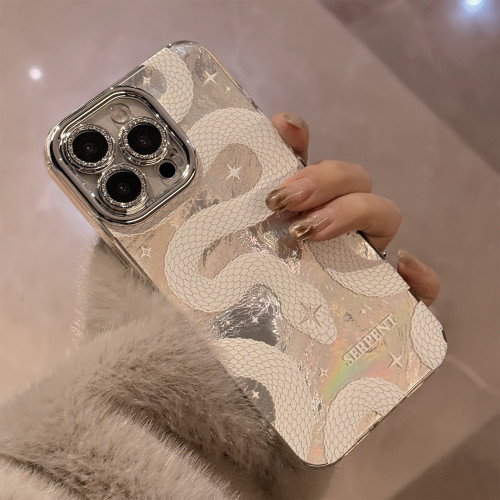 白蟒蛇紋手機殼適用蘋果17promax鏡頭膜iphone16硬12高級感14閃粉