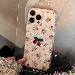 溫柔櫻桃碎花適用蘋果16promax手機殼15閃粉iphone14文藝11透明13