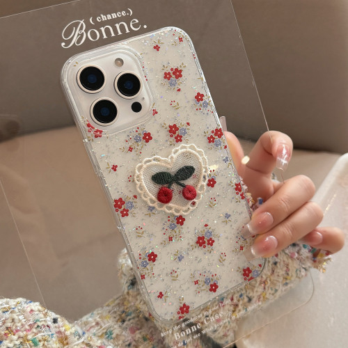 溫柔櫻桃碎花適用蘋果16promax手機殼15閃粉iphone14文藝11透明13