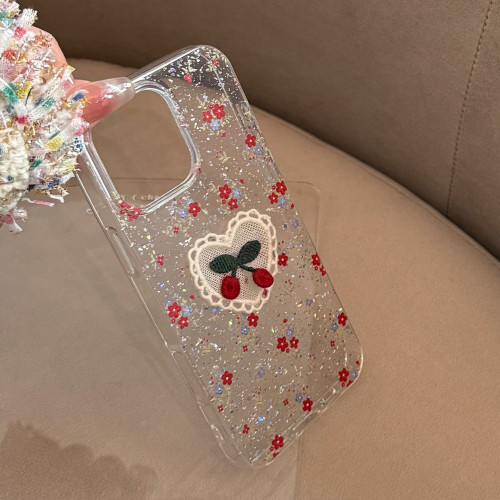 溫柔櫻桃碎花適用蘋果16promax手機殼15閃粉iphone14文藝11透明13