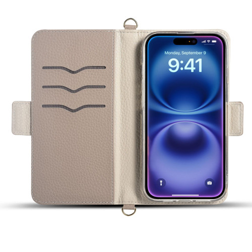 日韓iPhone16E手機皮套卡包適用蘋果16pro max杏色翻蓋手機保護殼