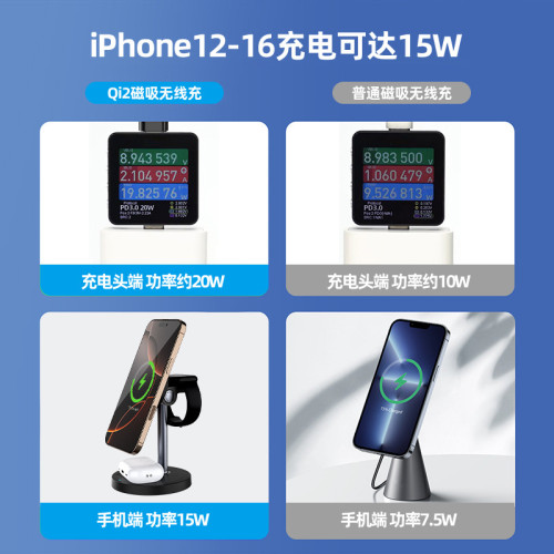 Qi2三合一無線充磁吸15W無線充電底座適用蘋果16手機耳機手錶充電