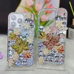 楓葉瓢蟲玫瑰花適用iPhone15Promax手機殼蘋果16P輕奢13/14女滿鑽