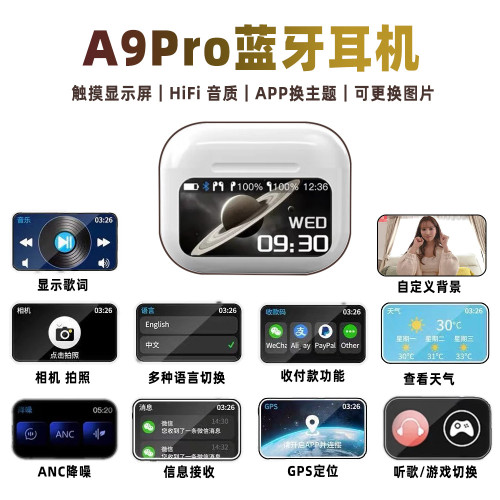 新款A9Pro彩色螢幕觸控ANC降噪TWS無線入耳式運動通話聽歌藍牙耳機5.4