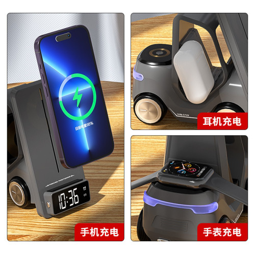 多功能手機支架無線充電器 桌面汽車外形設計 閙鍾炫酷氛圍燈