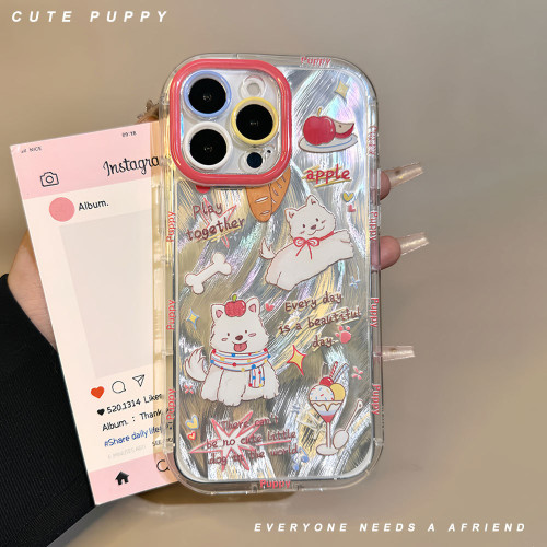 適用蘋果15卡通可愛小狗保護套iphone16彩色鏡頭13防摔羽紗手機殼
