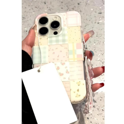 韓系碎花拼接格紋支架16Promax手機殼適用iPhone15Pro雙層14Pro13