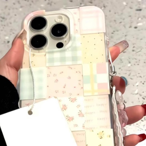 韓系碎花拼接格紋支架16Promax手機殼適用iPhone15Pro雙層14Pro13