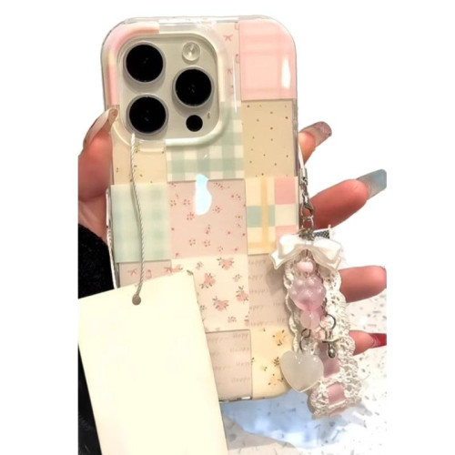 韓系碎花拼接格紋支架16Promax手機殼適用iPhone15Pro雙層14Pro13