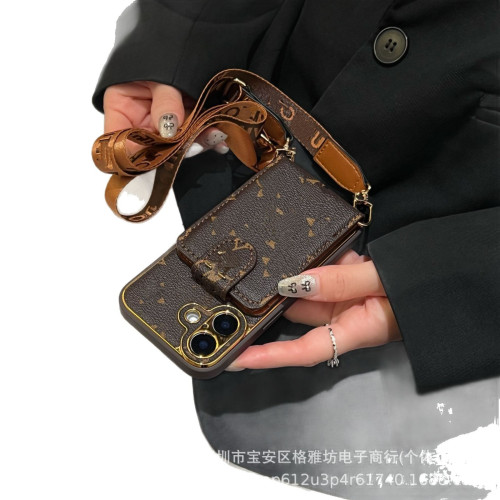 高級電鍍斜背手機殼適用蘋果16promax皮質全包保護套15pro/14卡包