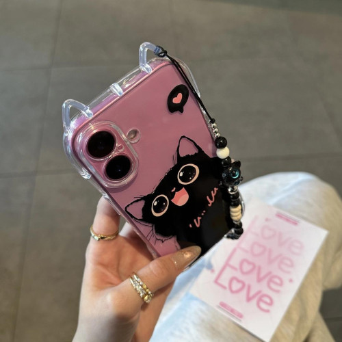 新款適用iphone16甜酷貓咪13帶手鏈手機殼蘋果15貓耳朵透明保護套
