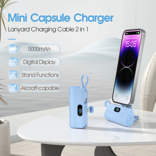 KC/PSE/CE/UL迷你自帶線膠囊充電寶小巧可攜式充電寶power bank