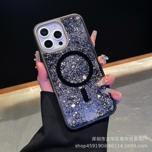 適用蘋果16plus鑽石流沙手機殼iphone15保護套帶磁吸14奢華男女13