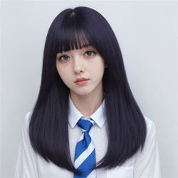 假髮女長髮減齡黑色棕色自然齊劉海萬用cos圓臉jk中長直全頭套