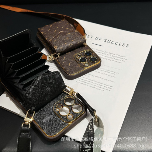 潮牌斜背適用16promax皮質手機殼iPhone13高級感蘋果15輕奢卡包款