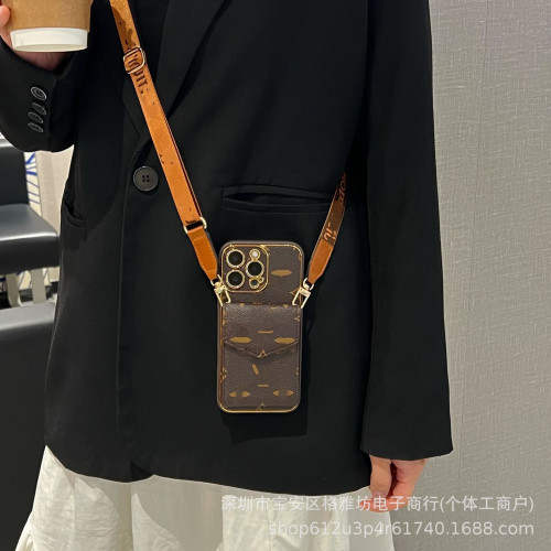潮牌斜背適用16promax皮質手機殼iPhone13高級感蘋果15輕奢卡包款
