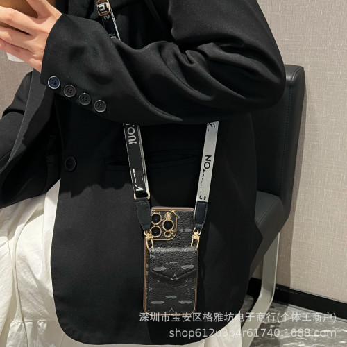 潮牌斜背適用16promax皮質手機殼iPhone13高級感蘋果15輕奢卡包款