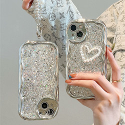波浪紋電鍍手機殼適用iPhone16promax手提鏈條愛心珍珠蘋果15女款