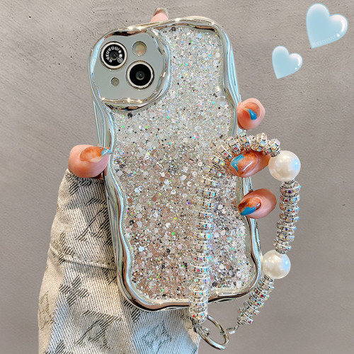 波浪紋電鍍手機殼適用iPhone16promax手提鏈條愛心珍珠蘋果15女款 波浪紋電鍍手機殼適用iPhone16promax手提鏈條愛心珍珠蘋果15女款