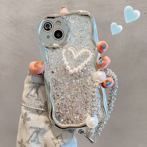 波浪紋電鍍手機殼適用iPhone16promax手提鏈條愛心珍珠蘋果15女款 波浪紋電鍍手機殼適用iPhone16promax手提鏈條愛心珍珠蘋果15女款