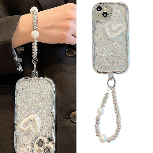 波浪紋電鍍手機殼適用iPhone16promax手提鏈條愛心珍珠蘋果15女款 波浪紋電鍍手機殼適用iPhone16promax手提鏈條愛心珍珠蘋果15女款