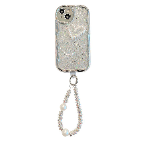 波浪紋電鍍手機殼適用iPhone16promax手提鏈條愛心珍珠蘋果15女款 波浪紋電鍍手機殼適用iPhone16promax手提鏈條愛心珍珠蘋果15女款