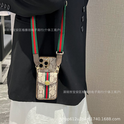 潮牌電鍍斜背插卡包手機殼適用蘋果16promax皮質高級感13pro輕奢5