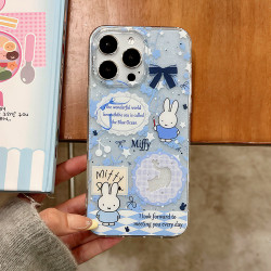 適用蘋果16pro可愛米菲13卡通手機殼大孔透明iphone15閃粉保護套