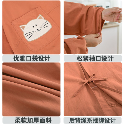 卡通圖圍裙罩衣長袖純棉文藝工作畫畫咖啡店家用羽絨服防汙廚房衣