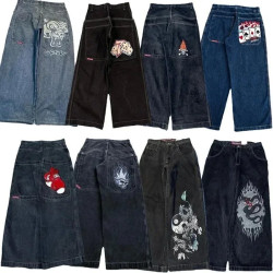JNCO Y2K寬松牛仔褲男士復古刺綉嘻哈街頭原宿男士濶腿褲