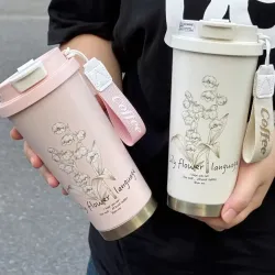 新款鈴蘭保溫杯316不鏽鋼咖啡杯女生大容量高顔值吸琯水杯禮品杯