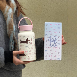 奶油風插畫保溫杯新款可愛不鏽鋼水杯女生高顔值大容量可攜式水壺