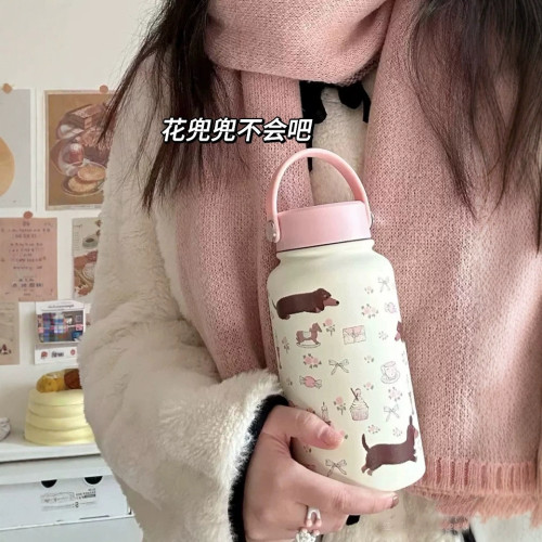 奶油風插畫保溫杯新款可愛不鏽鋼水杯女生高顔值大容量可攜式水壺