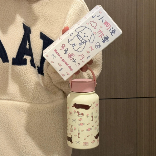 奶油風插畫保溫杯新款可愛不鏽鋼水杯女生高顔值大容量可攜式水壺