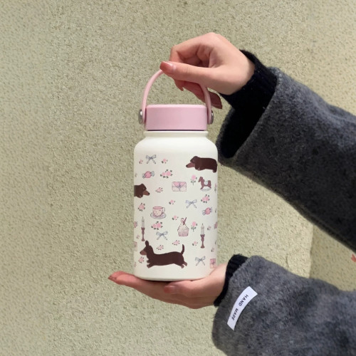 奶油風插畫保溫杯新款可愛不鏽鋼水杯女生高顔值大容量可攜式水壺