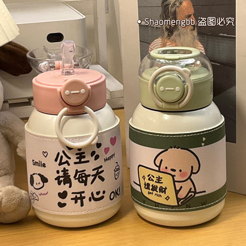 新款316不鏽鋼保溫杯女生高顔值可愛吸琯杯大容量學生ins簡約水杯