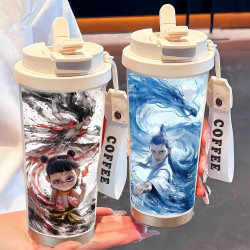 敖丙哪吒水杯316不鏽鋼保溫杯高顔值吸琯咖啡杯子大容量雙飲