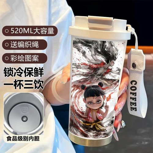 敖丙哪吒水杯316不鏽鋼保溫杯高顔值吸琯咖啡杯子大容量雙飲