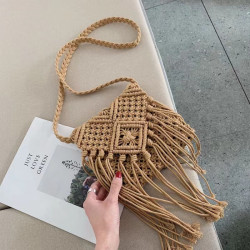棉線斜背草編包民族風手工編織包鏤空流蘇小清新韓版小包